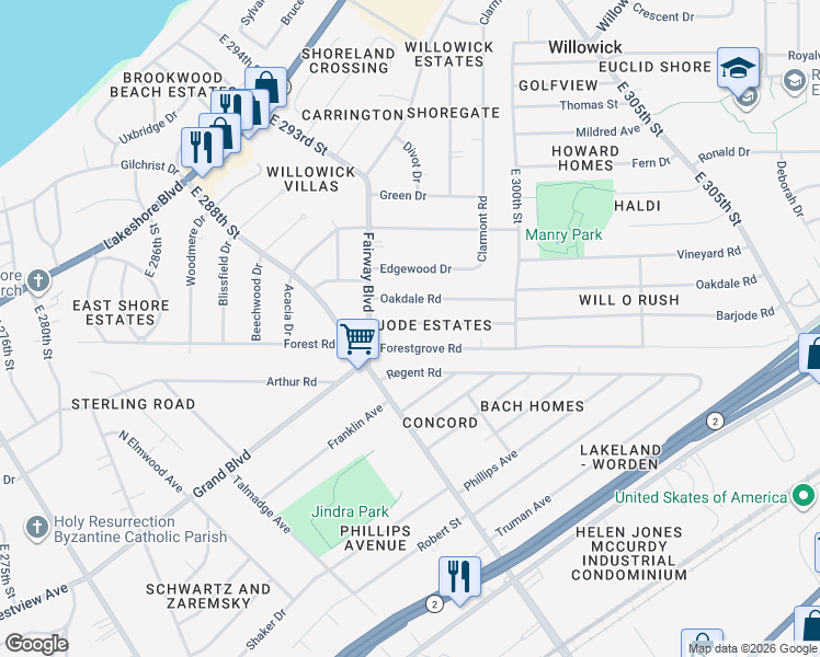 map of restaurants, bars, coffee shops, grocery stores, and more near 29034 Barjode Road in Willowick