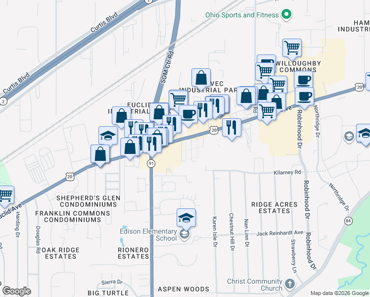 map of restaurants, bars, coffee shops, grocery stores, and more near 35124 Euclid Avenue in Willoughby