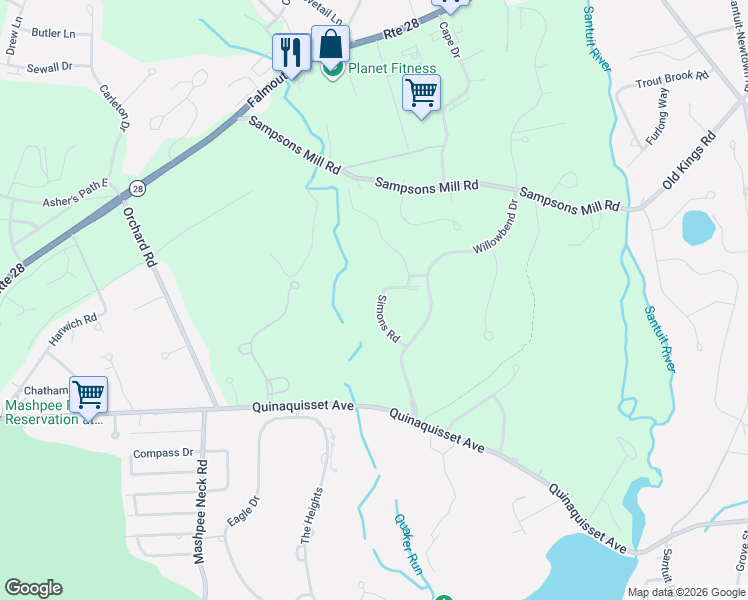 map of restaurants, bars, coffee shops, grocery stores, and more near 70 Simons Road in Mashpee