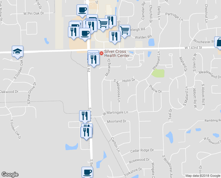 map of restaurants, bars, coffee shops, grocery stores, and more near South Stirrup Court in Homer Glen