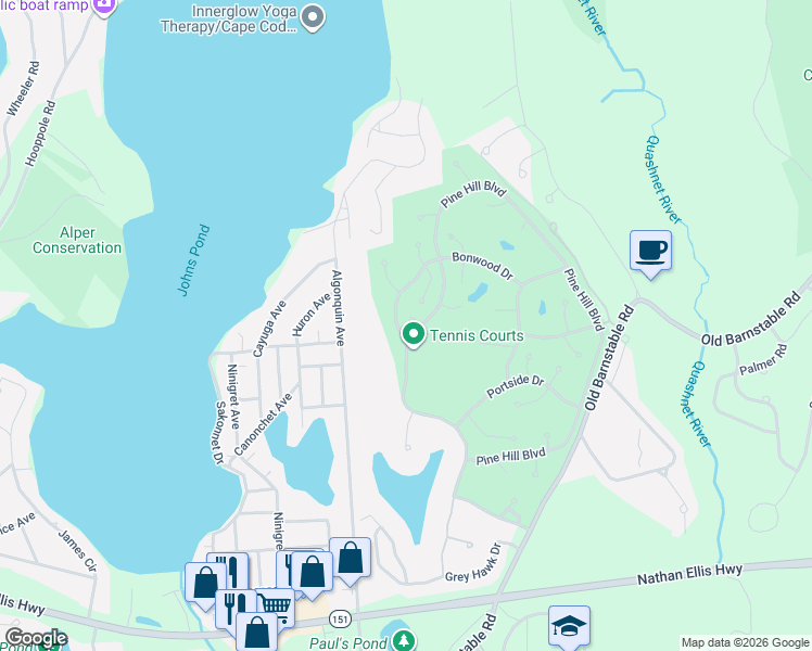 map of restaurants, bars, coffee shops, grocery stores, and more near 1 Classic Circle in Mashpee