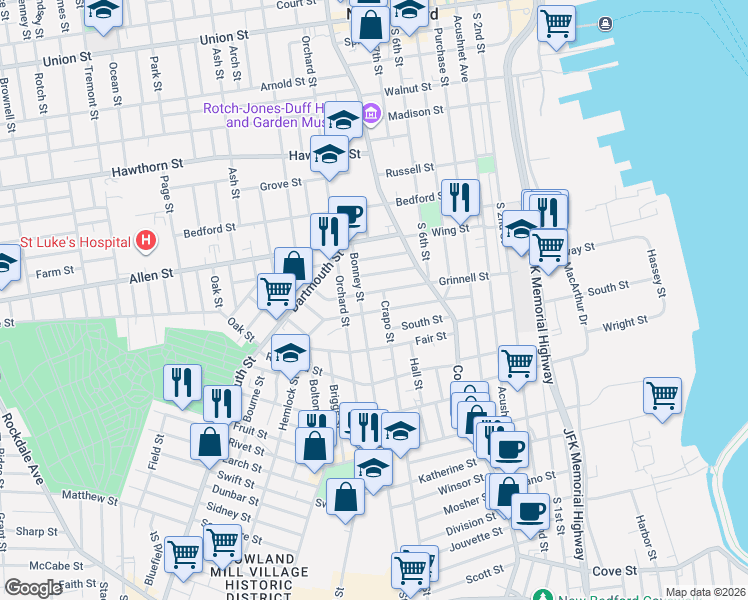 map of restaurants, bars, coffee shops, grocery stores, and more near 180 Grinnell Street in New Bedford