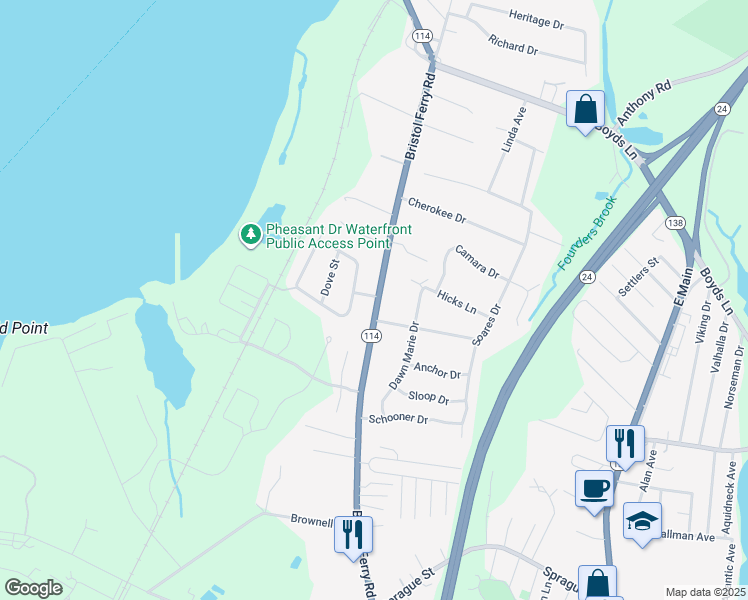 map of restaurants, bars, coffee shops, grocery stores, and more near 360 Bristol Ferry Road in Portsmouth