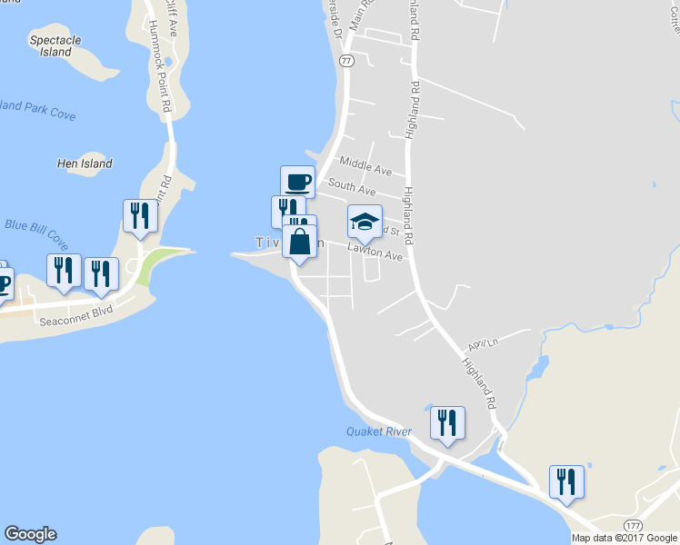 map of restaurants, bars, coffee shops, grocery stores, and more near 54 Narragansett Avenue in Tiverton