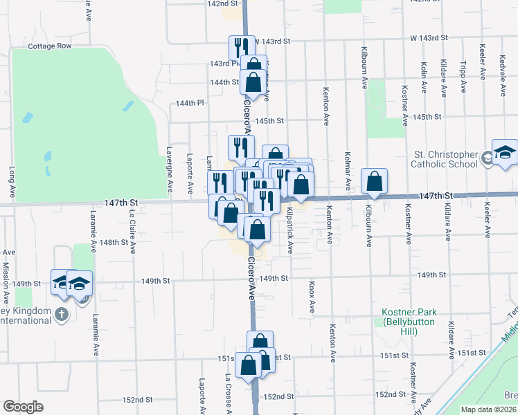 map of restaurants, bars, coffee shops, grocery stores, and more near 14707 South Cicero Avenue in Midlothian