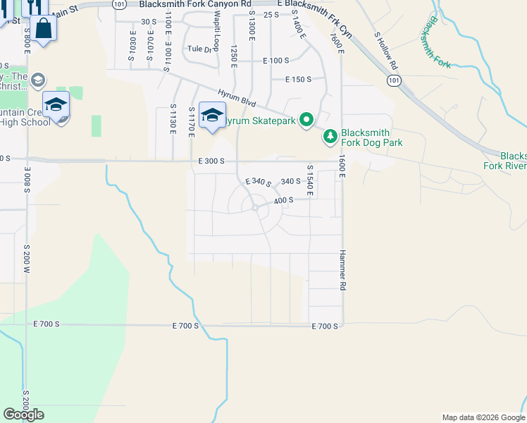 map of restaurants, bars, coffee shops, grocery stores, and more near 417 1400 East in Hyrum