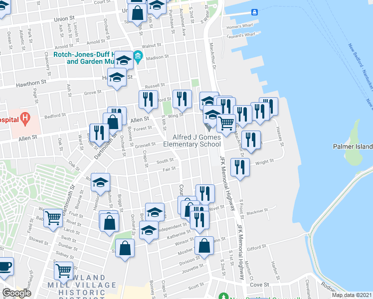 map of restaurants, bars, coffee shops, grocery stores, and more near 267 Purchase Street in New Bedford