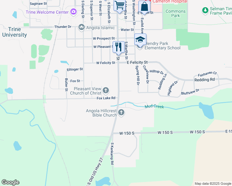 map of restaurants, bars, coffee shops, grocery stores, and more near 1027 South Wayne Street in Angola