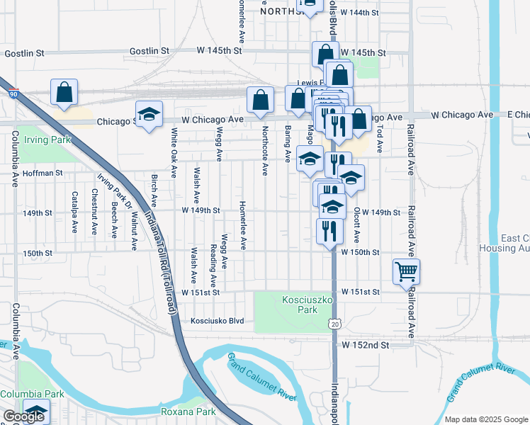 map of restaurants, bars, coffee shops, grocery stores, and more near 4861 Northcote Avenue in East Chicago