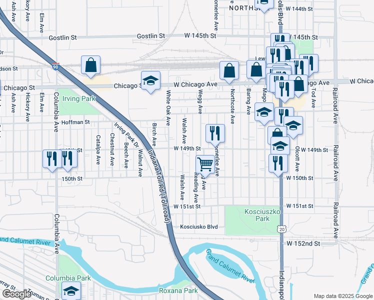 map of restaurants, bars, coffee shops, grocery stores, and more near 4859 Walsh Avenue in East Chicago