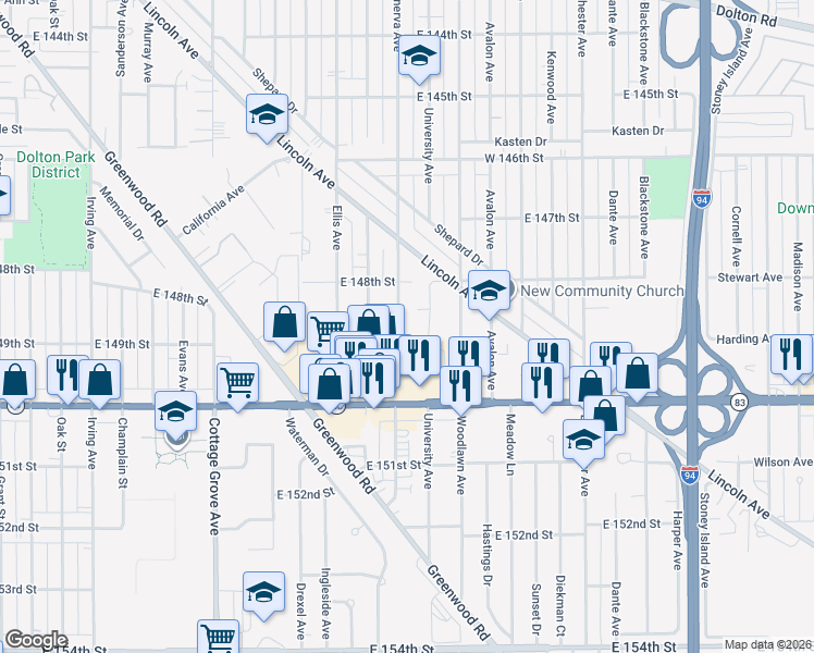 map of restaurants, bars, coffee shops, grocery stores, and more near 14839 Minerva Avenue in Dolton