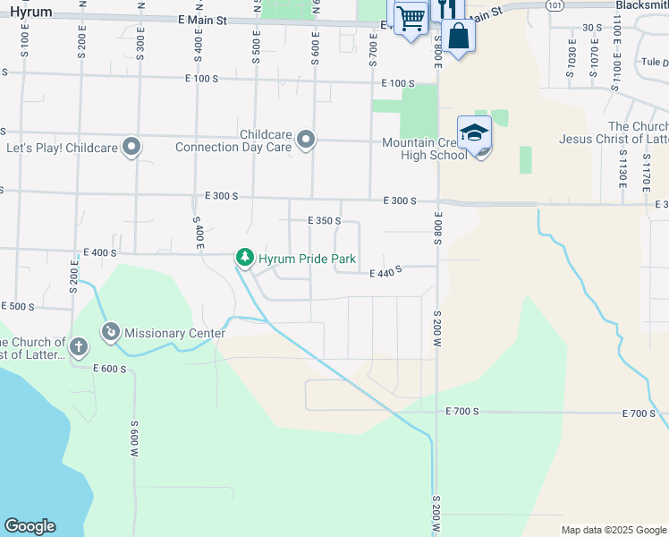 map of restaurants, bars, coffee shops, grocery stores, and more near South 650 East in Hyrum