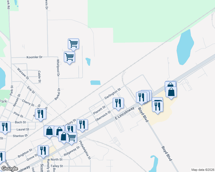 map of restaurants, bars, coffee shops, grocery stores, and more near 215 Worden Street in La Porte