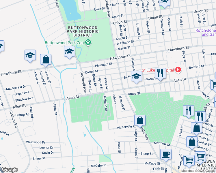 map of restaurants, bars, coffee shops, grocery stores, and more near 518 Kirby Street in New Bedford