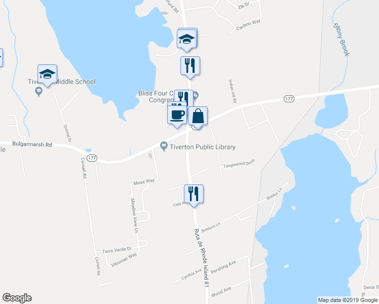 map of restaurants, bars, coffee shops, grocery stores, and more near 16G Crandall Road in Tiverton