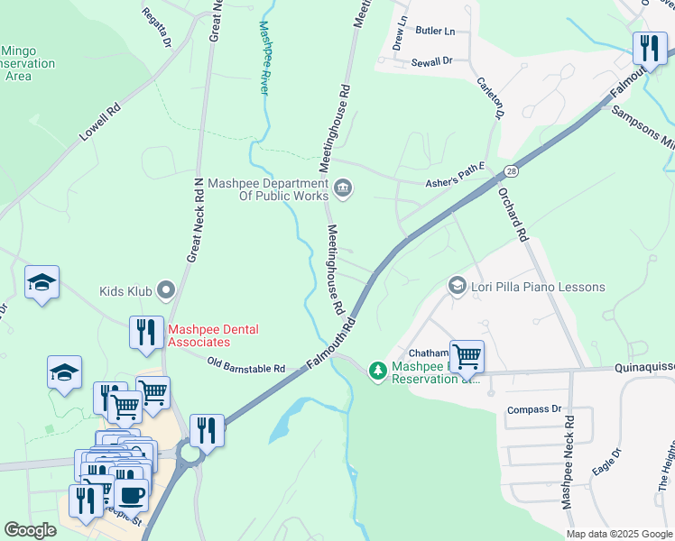 map of restaurants, bars, coffee shops, grocery stores, and more near 410 Meetinghouse Road in Mashpee