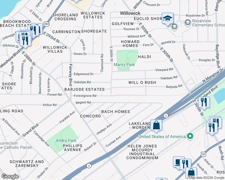 map of restaurants, bars, coffee shops, grocery stores, and more near 30006 Barjode Road in Willowick