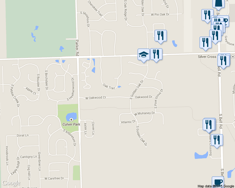 map of restaurants, bars, coffee shops, grocery stores, and more near 13352 Oakwood Drive in Homer Glen