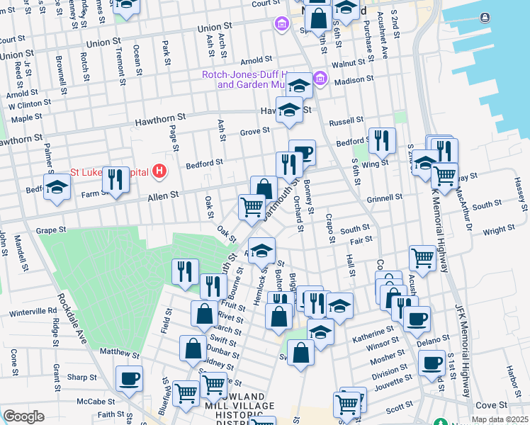 map of restaurants, bars, coffee shops, grocery stores, and more near 87 Dartmouth Street in New Bedford