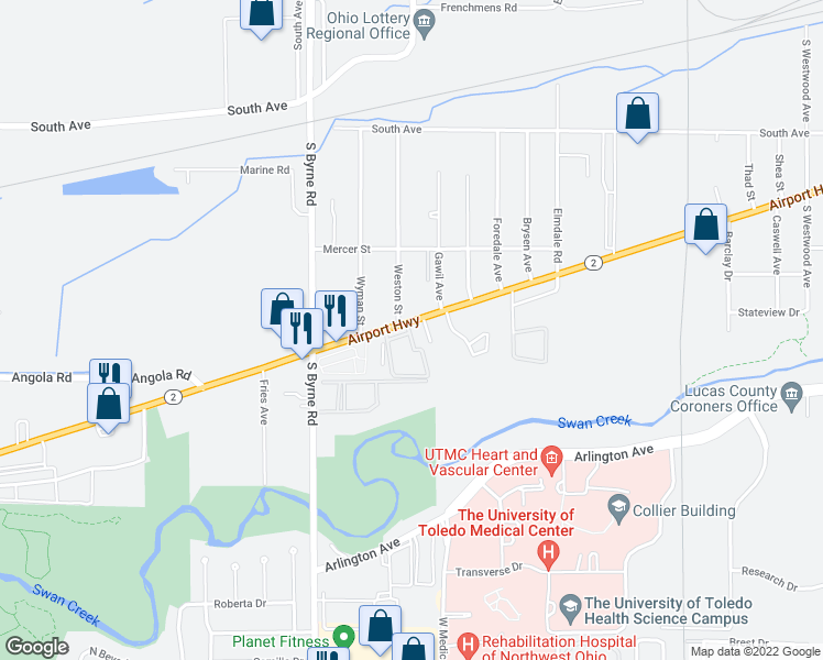 map of restaurants, bars, coffee shops, grocery stores, and more near 3333 Airport Highway in Toledo