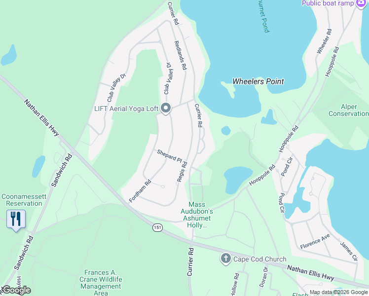 map of restaurants, bars, coffee shops, grocery stores, and more near 91 Fordham Road in Falmouth