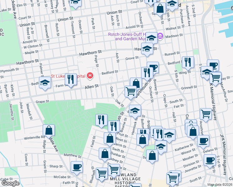 map of restaurants, bars, coffee shops, grocery stores, and more near 76 Oak Street in New Bedford