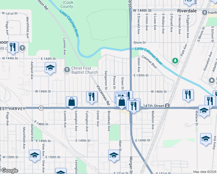 map of restaurants, bars, coffee shops, grocery stores, and more near 14533 Sangamon Street in Harvey