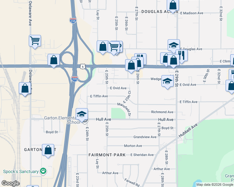 map of restaurants, bars, coffee shops, grocery stores, and more near 2514 East Tiffin Avenue in Des Moines