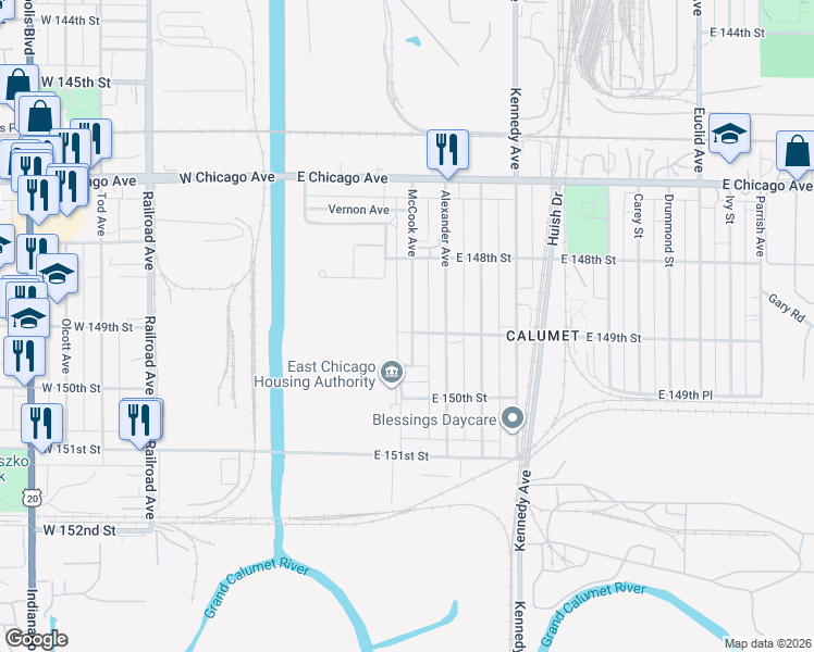 map of restaurants, bars, coffee shops, grocery stores, and more near 4856 McCook Avenue in East Chicago