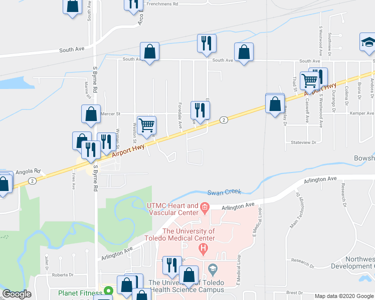 map of restaurants, bars, coffee shops, grocery stores, and more near 905 Byrneport Drive in Toledo
