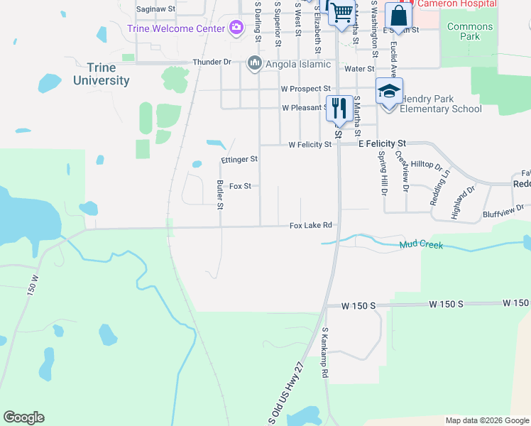 map of restaurants, bars, coffee shops, grocery stores, and more near 1005 South Darling Street in Angola