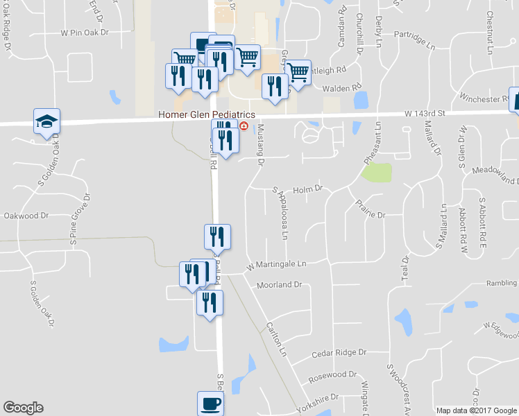 map of restaurants, bars, coffee shops, grocery stores, and more near 14524 South Stirrup Court in Homer Glen