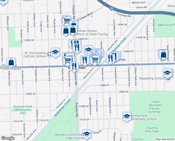 map of restaurants, bars, coffee shops, grocery stores, and more near 3906 147th St in Midlothian
