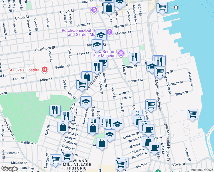 map of restaurants, bars, coffee shops, grocery stores, and more near 180 Grinnell St in New Bedford