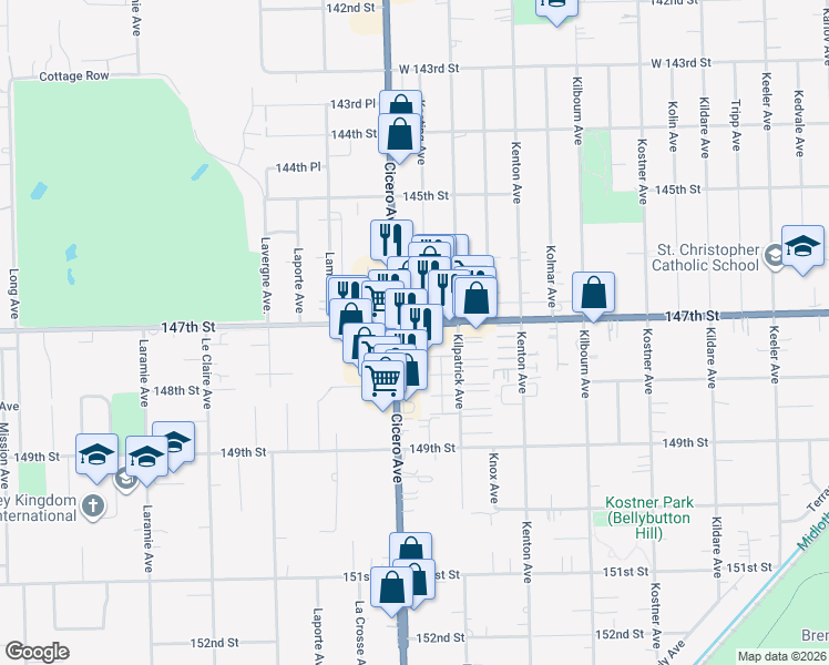 map of restaurants, bars, coffee shops, grocery stores, and more near 14707 South Cicero Avenue in Midlothian