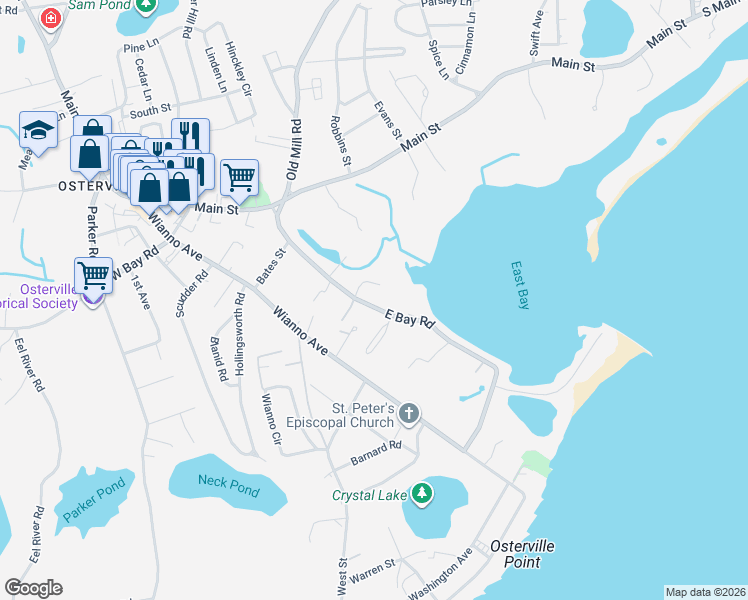 map of restaurants, bars, coffee shops, grocery stores, and more near 170 East Bay Road in Barnstable