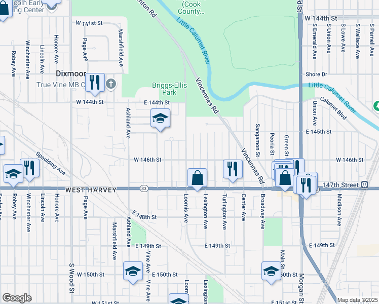 map of restaurants, bars, coffee shops, grocery stores, and more near 14535 Loomis Avenue in Harvey