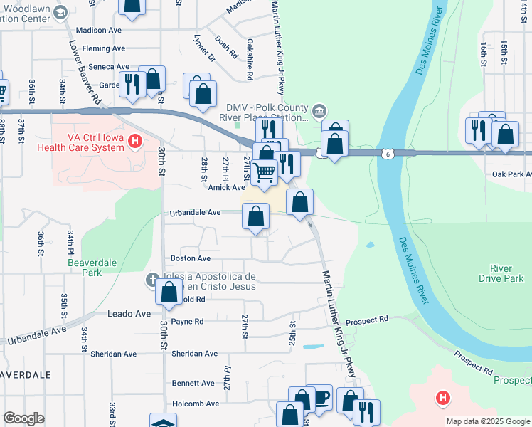 map of restaurants, bars, coffee shops, grocery stores, and more near 2563 Urbandale Avenue in Des Moines
