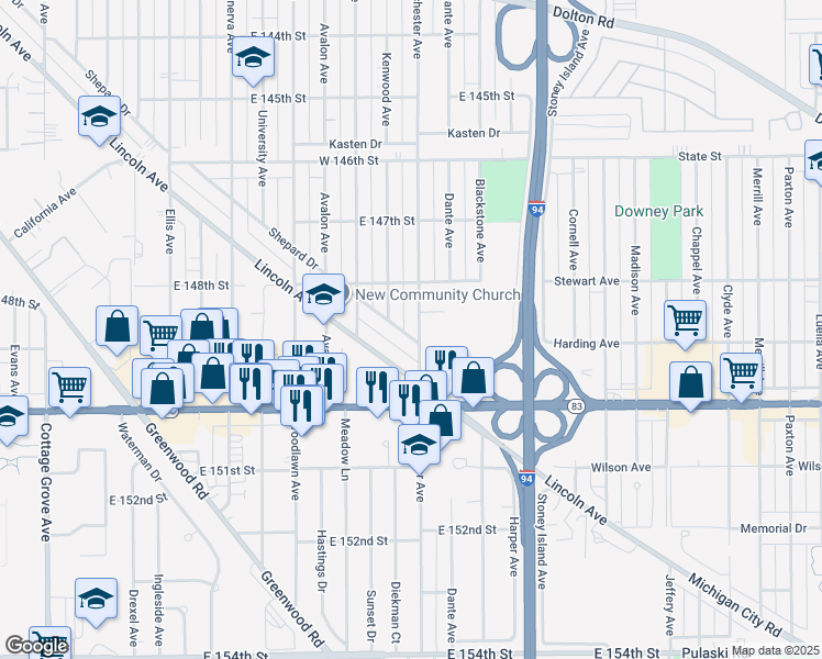 map of restaurants, bars, coffee shops, grocery stores, and more near 14867 Shepard Drive in Dolton
