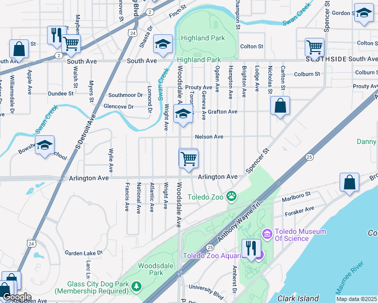 map of restaurants, bars, coffee shops, grocery stores, and more near 832 Toronto Avenue in Toledo