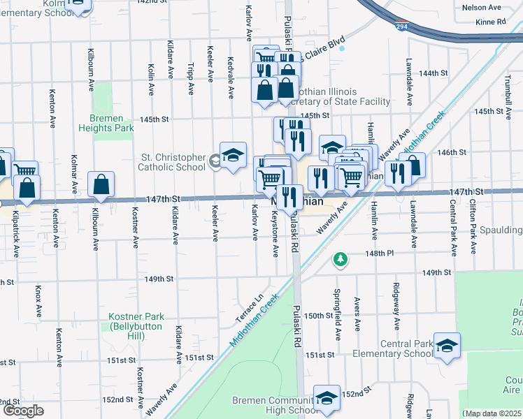map of restaurants, bars, coffee shops, grocery stores, and more near 14717 Karlov Avenue in Midlothian