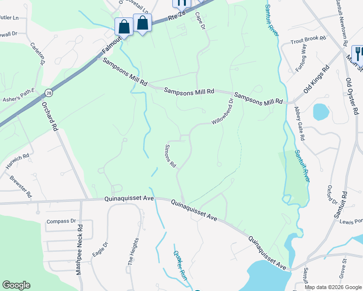 map of restaurants, bars, coffee shops, grocery stores, and more near 110 Willowbend Drive in Mashpee