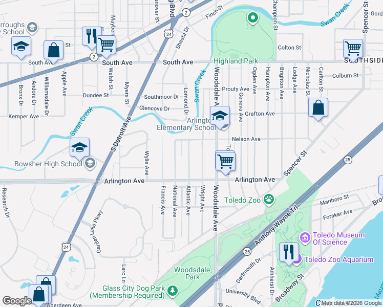 map of restaurants, bars, coffee shops, grocery stores, and more near 829 Atlantic Avenue in Toledo
