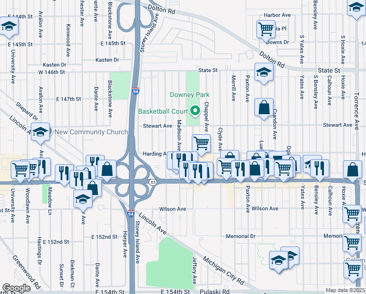 map of restaurants, bars, coffee shops, grocery stores, and more near 409 Madison Avenue in Calumet City