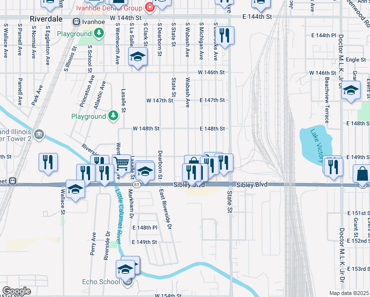map of restaurants, bars, coffee shops, grocery stores, and more near 14834 Wabash Avenue in Dolton
