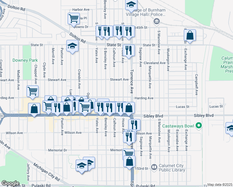 map of restaurants, bars, coffee shops, grocery stores, and more near 411 Calhoun Avenue in Calumet City