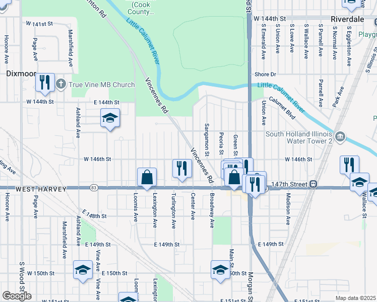 map of restaurants, bars, coffee shops, grocery stores, and more near 14534 Center Avenue in Harvey