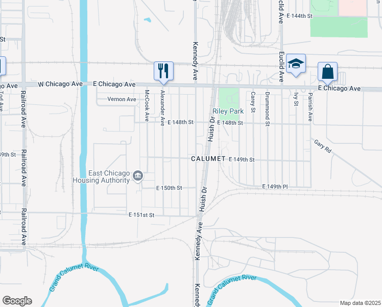 map of restaurants, bars, coffee shops, grocery stores, and more near 4854 Kennedy Avenue in East Chicago