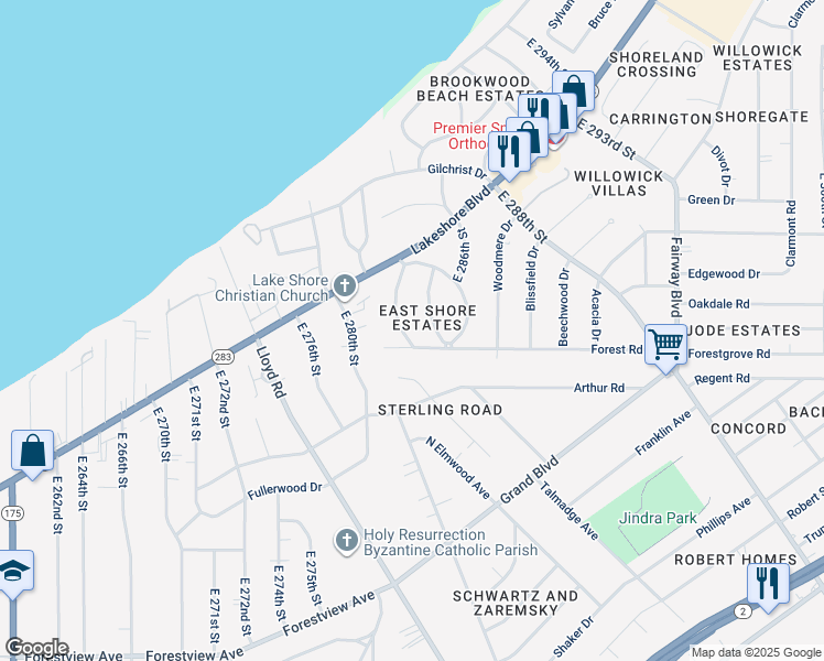 map of restaurants, bars, coffee shops, grocery stores, and more near 309 East 284th Street in Willowick