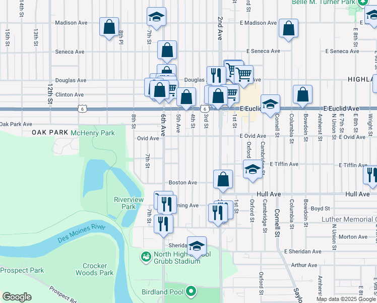 map of restaurants, bars, coffee shops, grocery stores, and more near 3222 4th Street in Des Moines